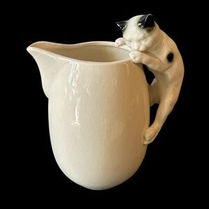 Vintage Erphila Fayernce Germany ceramic milk pitcher cat handle white and black